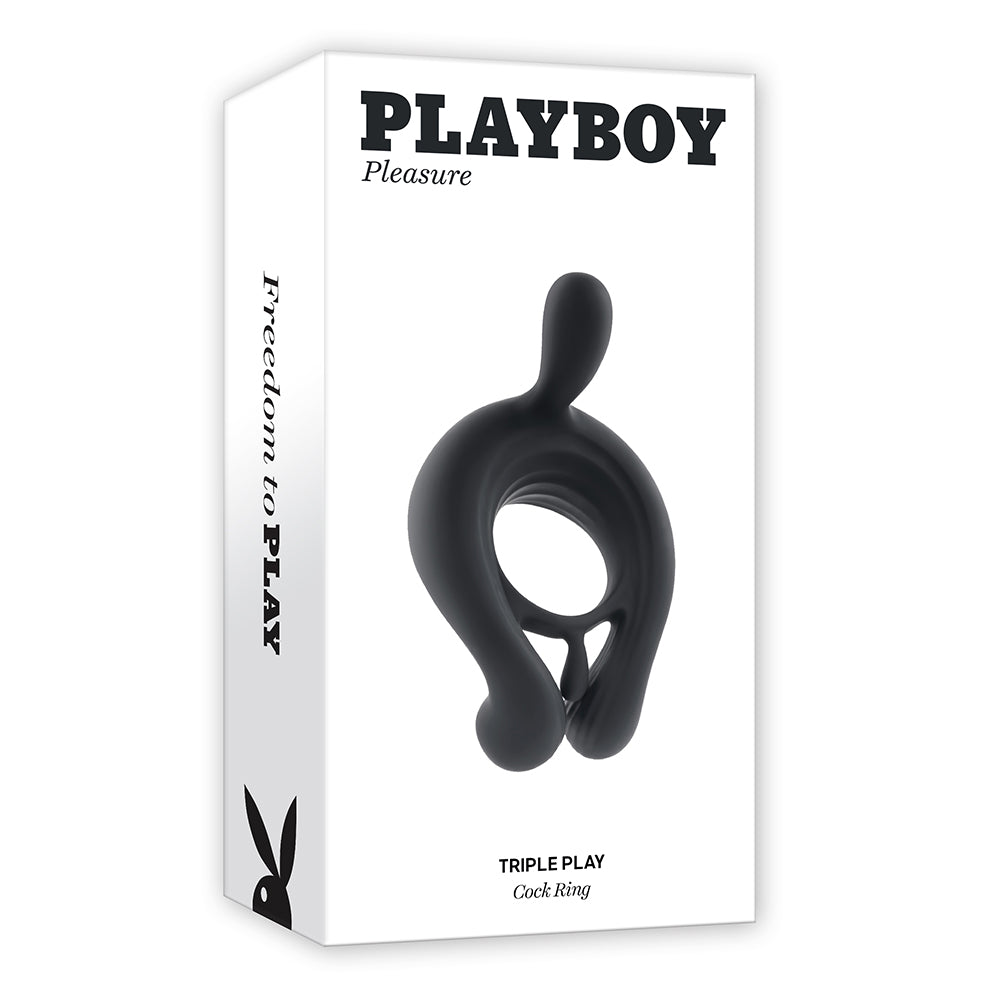 Playboy Triple Play Vibrating Cockring with Stimulator Black - Fantasies Boutique