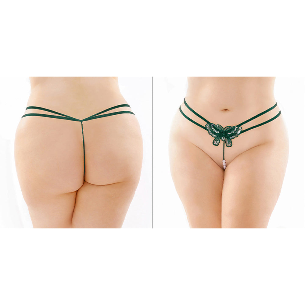 Fantasy Lingerie Zinnia Sequin Butterfly Strappy Pearl G-String Green Queen Size - Fantasies Boutique