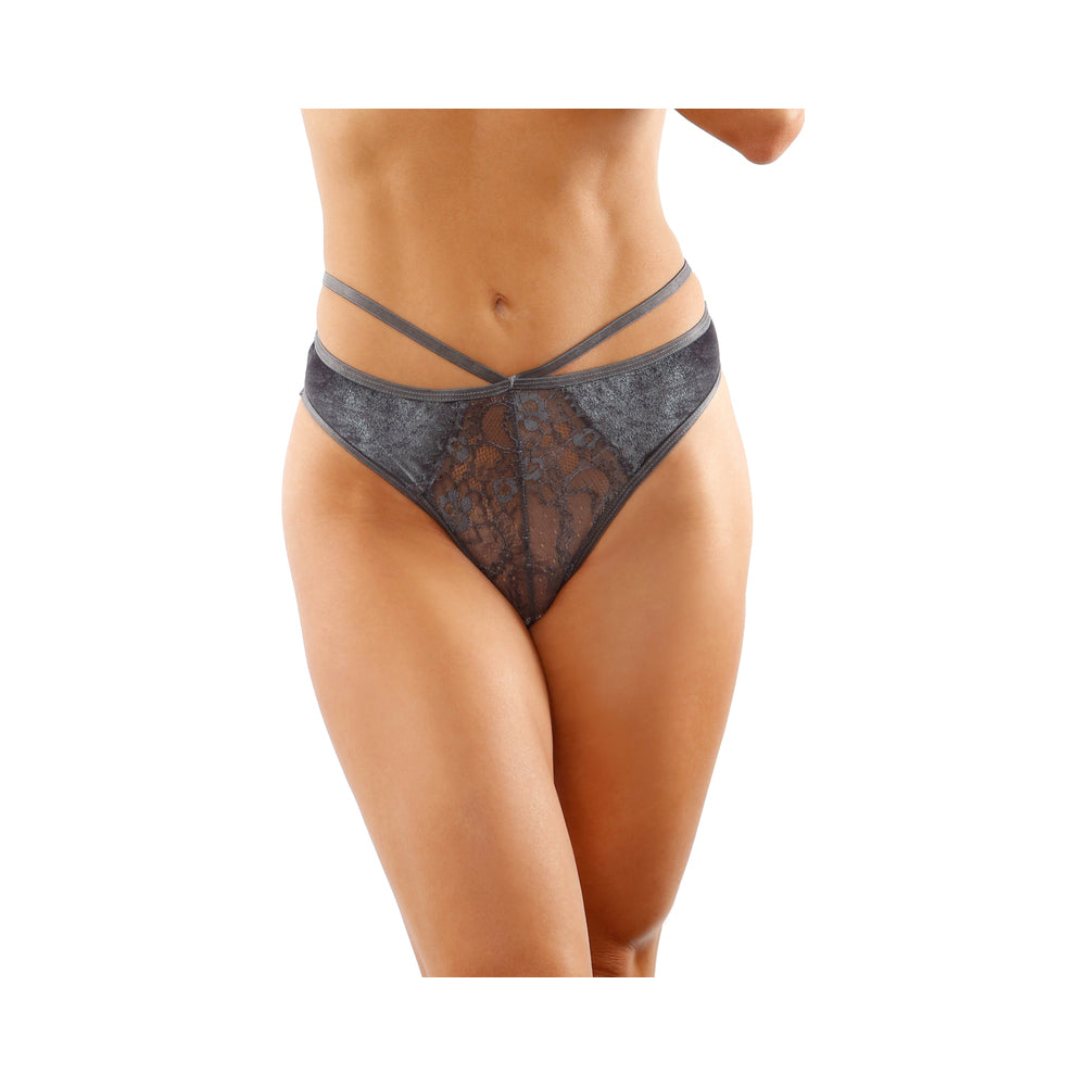 Kalina Velvet Strappy Cut-Out Thong With Keyhole Back Gray S/M - Fantasies Boutique