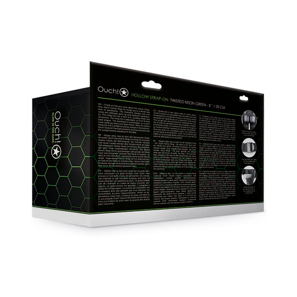 Ouch! Textured Curved 8 in. Glow in the Dark Hollow Strap-On Neon Green - Fantasies Boutique