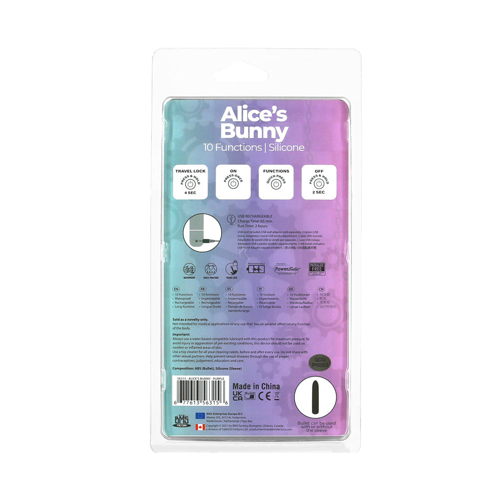Powerbullet Alice's Bunny Rechargeable Bullet Vibrator with Silicone Rabbit Sleeve Purple - Fantasies Boutique