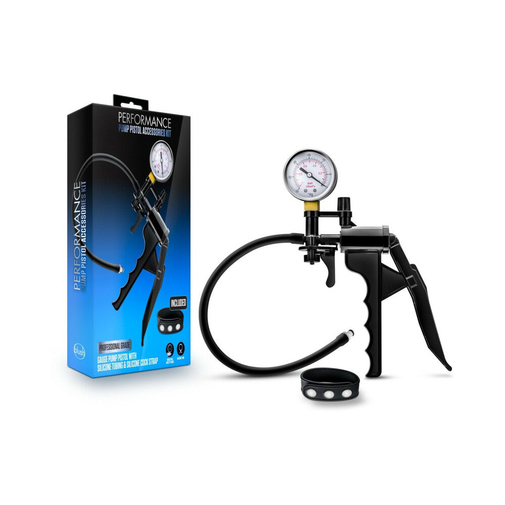 Blush Performance Gauge Pump Pistol with Silicone Tubing & Silicone Cock Strap Black - Fantasies Boutique