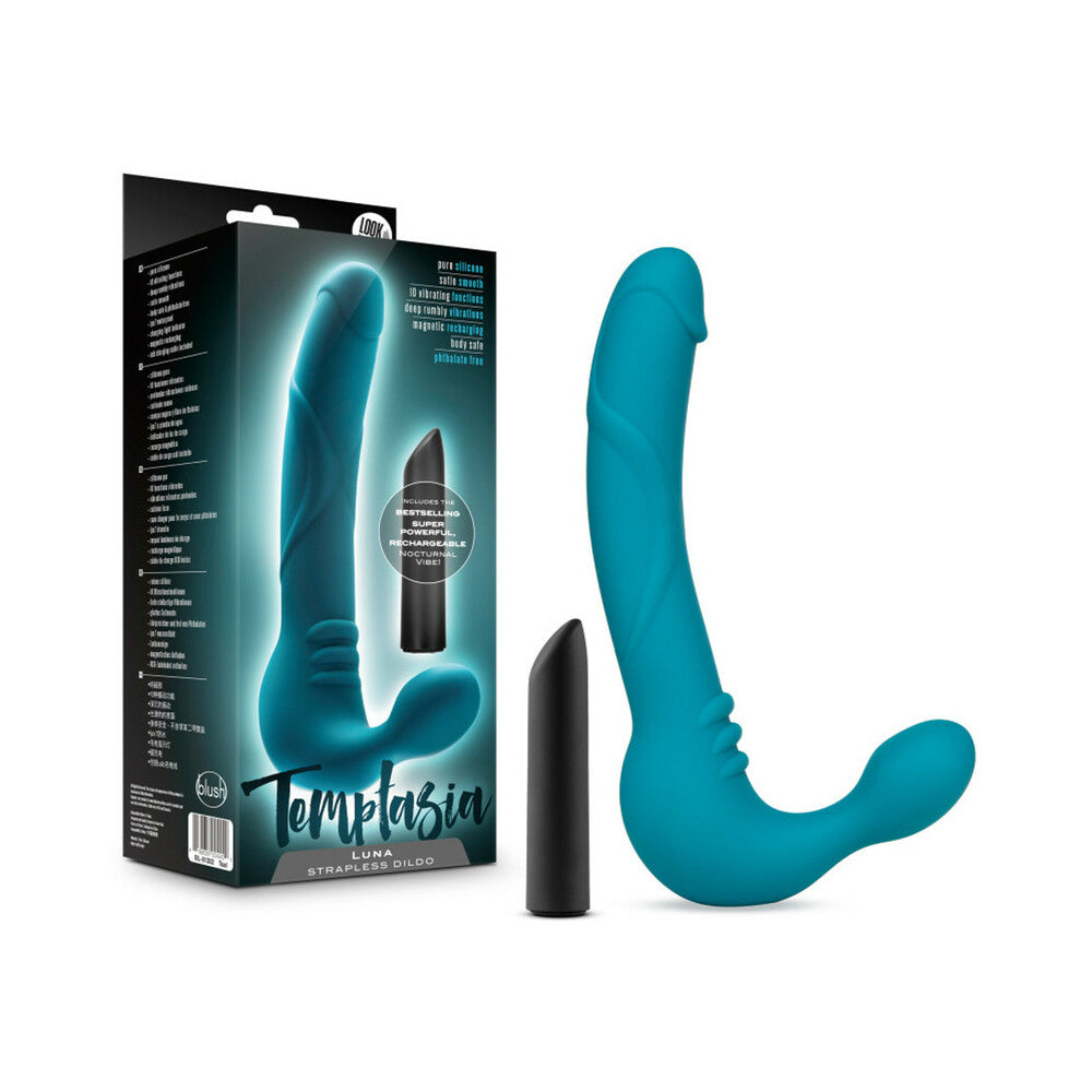 Temptasia Luna 9 in. Silicone Strapless Strap-On Dildo with Rechargeable Bullet Vibrator Teal - Fantasies Boutique