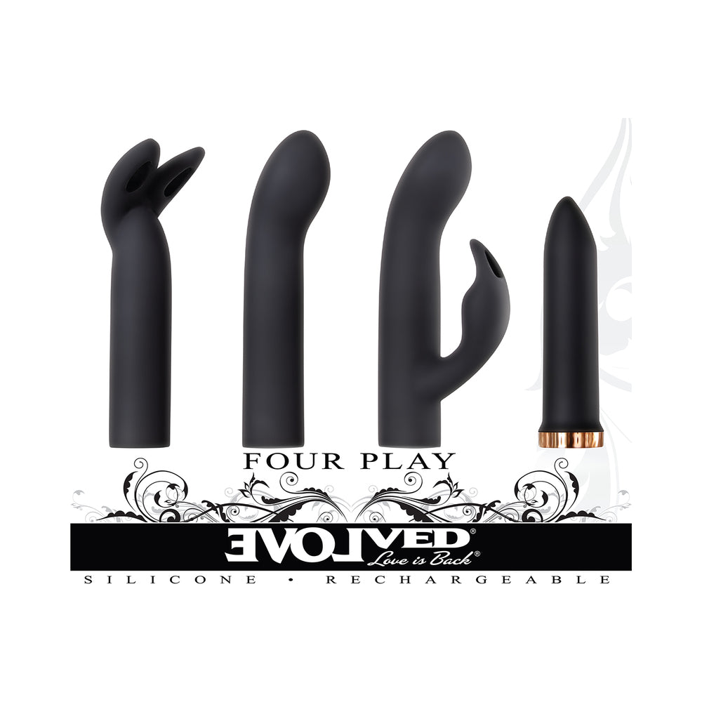 Evolved Four Play Rechargeable Silicone Bullet Vibrator and 3-Piece Sleeve Set Black - Fantasies Boutique