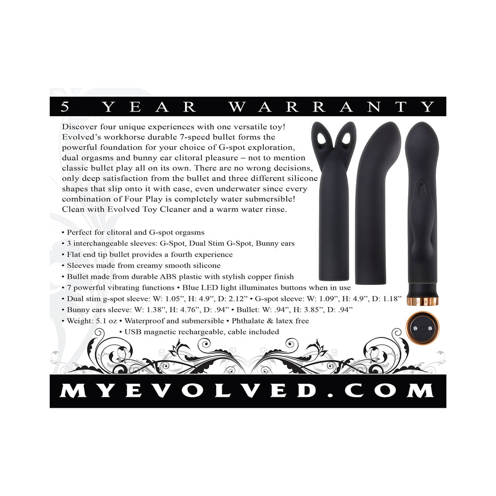 Evolved Four Play Rechargeable Silicone Bullet Vibrator and 3-Piece Sleeve Set Black - Fantasies Boutique