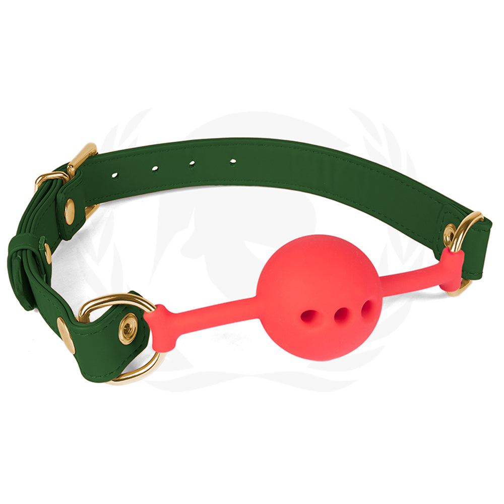 Spartacus 46 mm Red Silicone Ball Gag With Green PU Strap - Fantasies Boutique
