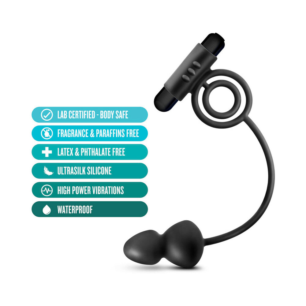 Anal Adventures Platinum Silicone Anal Plug with Vibrating C-Ring Black - Fantasies Boutique