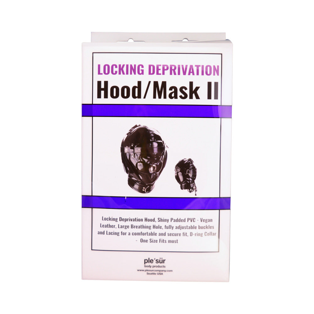Ple'sur Shiny Pleather Locking Deprivation Hood With Single Nose Hole Black Bag Packaging - Fantasies Boutique