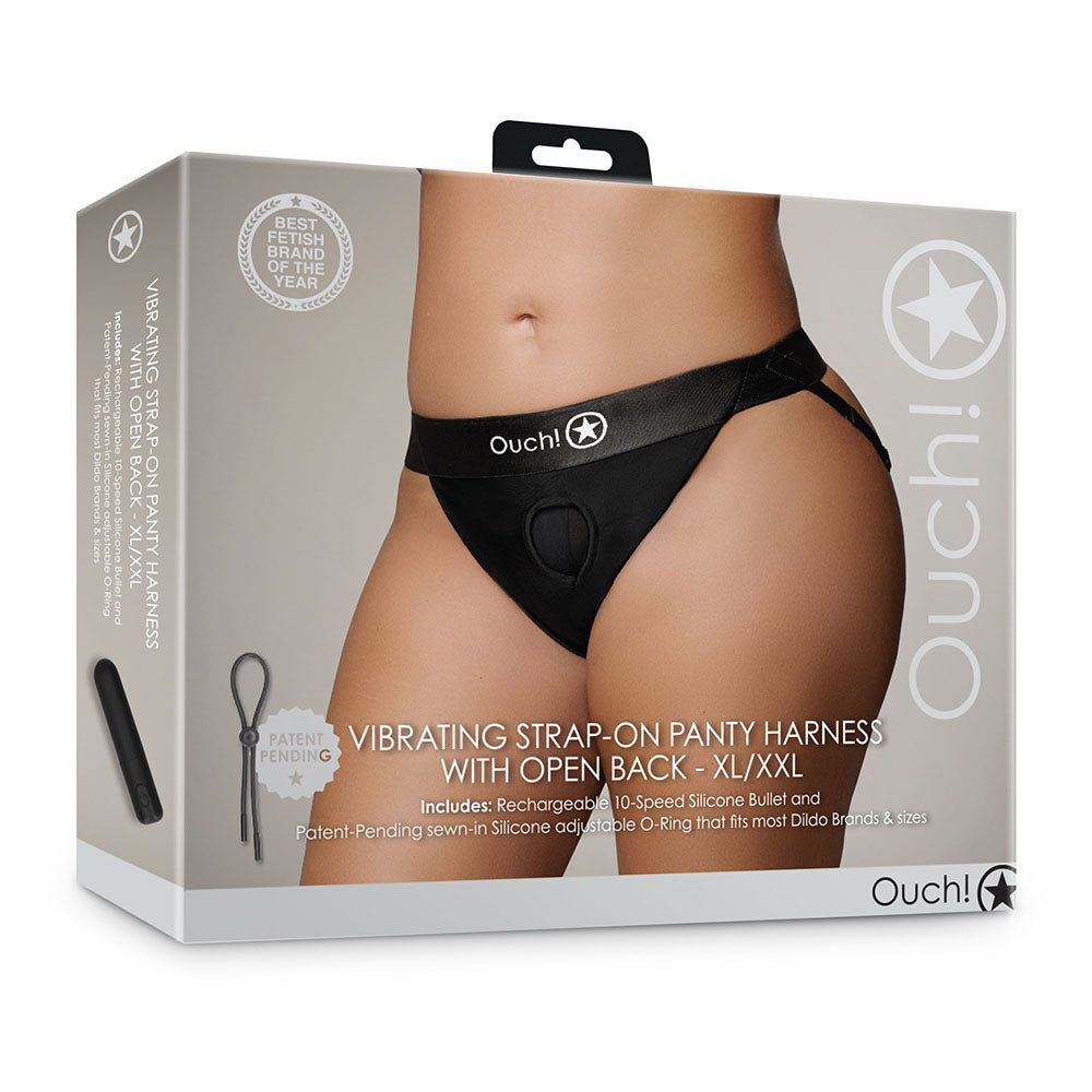Ouch! Vibrating Strap-on Panty Harness with Open Back Black XL/2XL - Fantasies Boutique