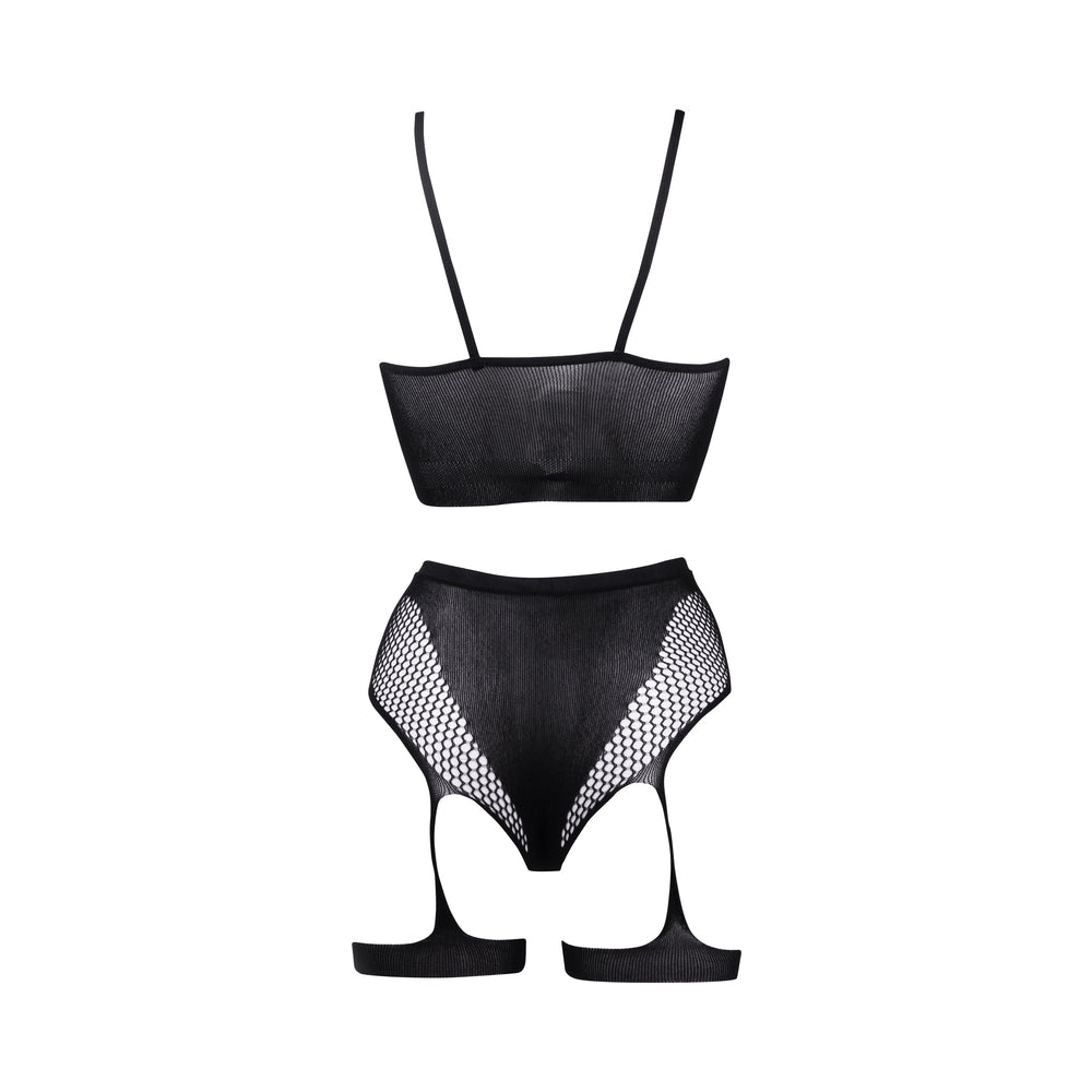Le Desir Bliss 2-Piece Fishnet Bra & Gartered Panty Set Black O/S - Fantasies Boutique