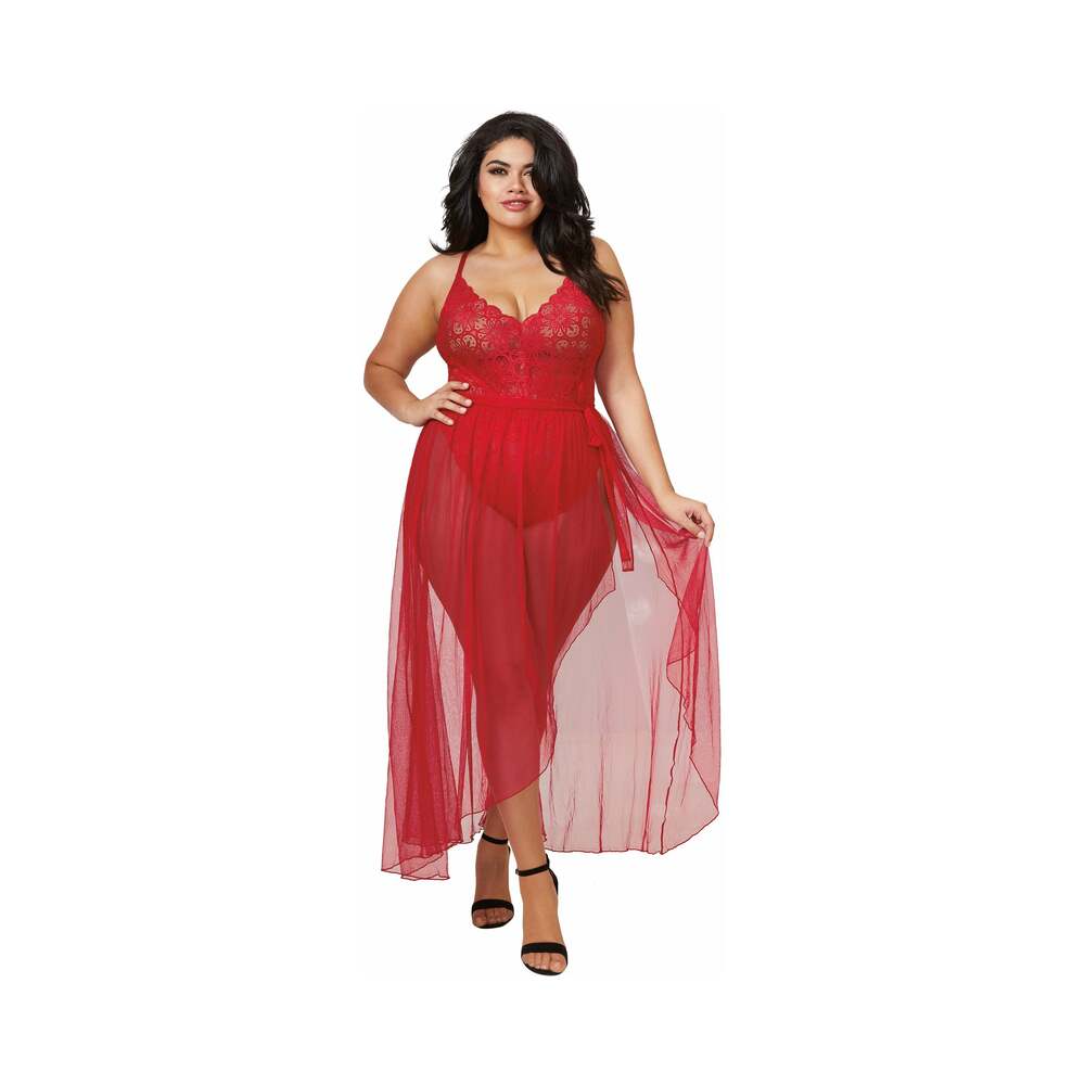 Dreamgirl Dreamgirl Teddy & Sheer Mesh Maxi Skirt With G-String Rouge Queen 2X Hanging - Fantasies Boutique