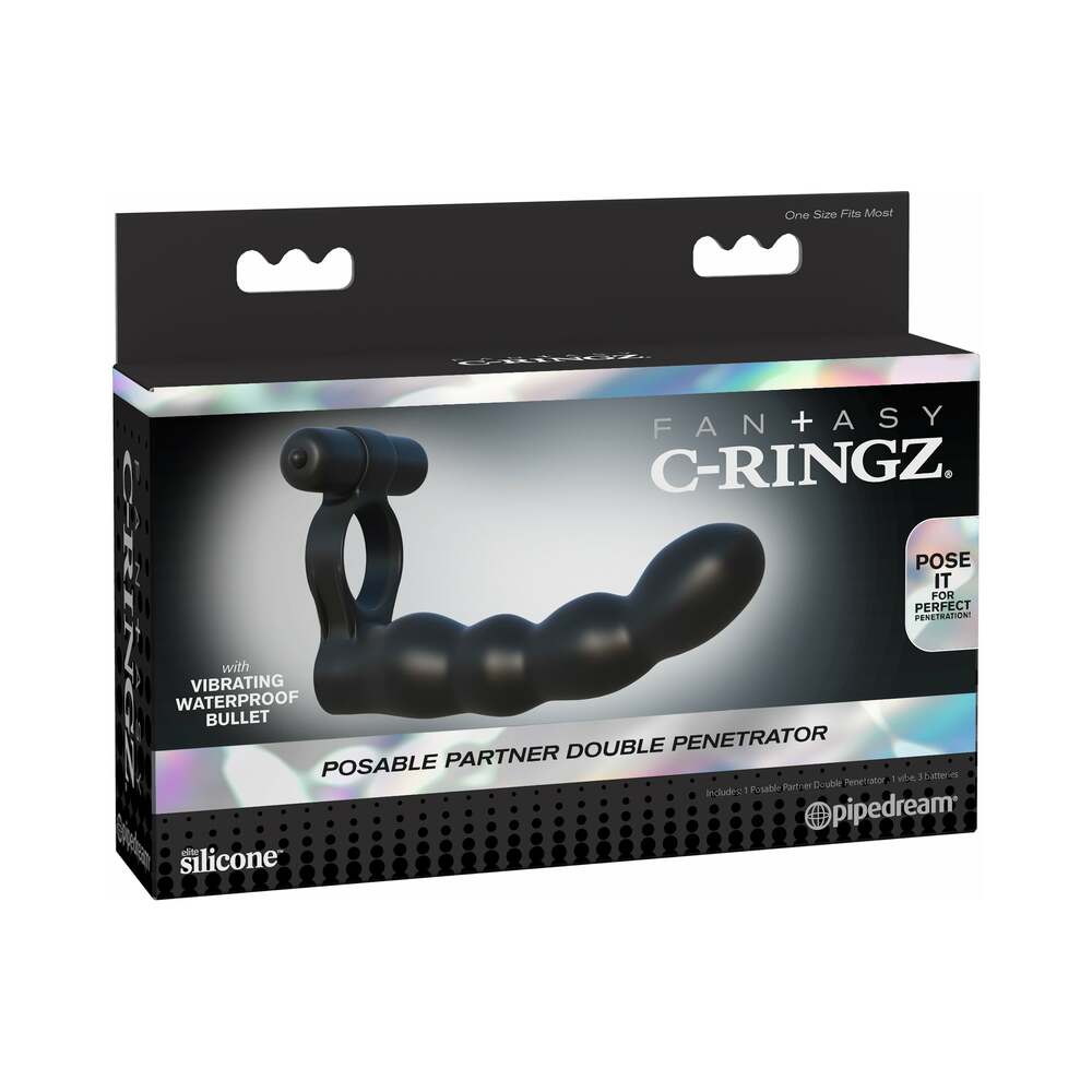 Fantasy C-Ringz Posable Partner Double Penetrator Vibrating Cockring Black - Fantasies Boutique