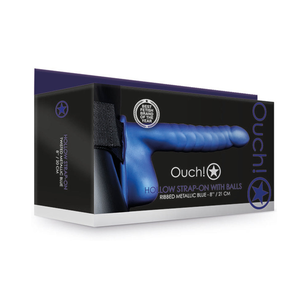 Ouch! Ribbed 8 in. Hollow Strap-On with Balls Metallic Blue - Fantasies Boutique