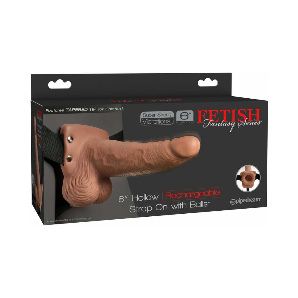 Fetish Fantasy Series Rechargeable Vibrating 6 in. Hollow Strap-On With Balls Tan/Black - Fantasies Boutique