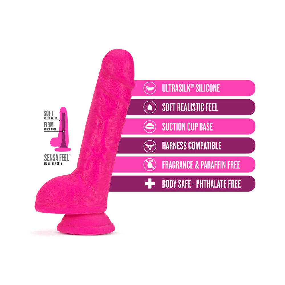 Blush Neo Elite 9 in. Silicone Dual Density Dildo with Balls & Suction Cup Neon Pink - Fantasies Boutique