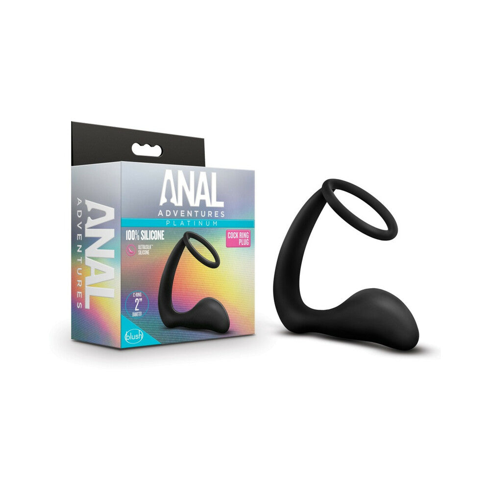 Blush Anal Adventures Platinum Silicone Cock Ring Plug Black - Fantasies Boutique