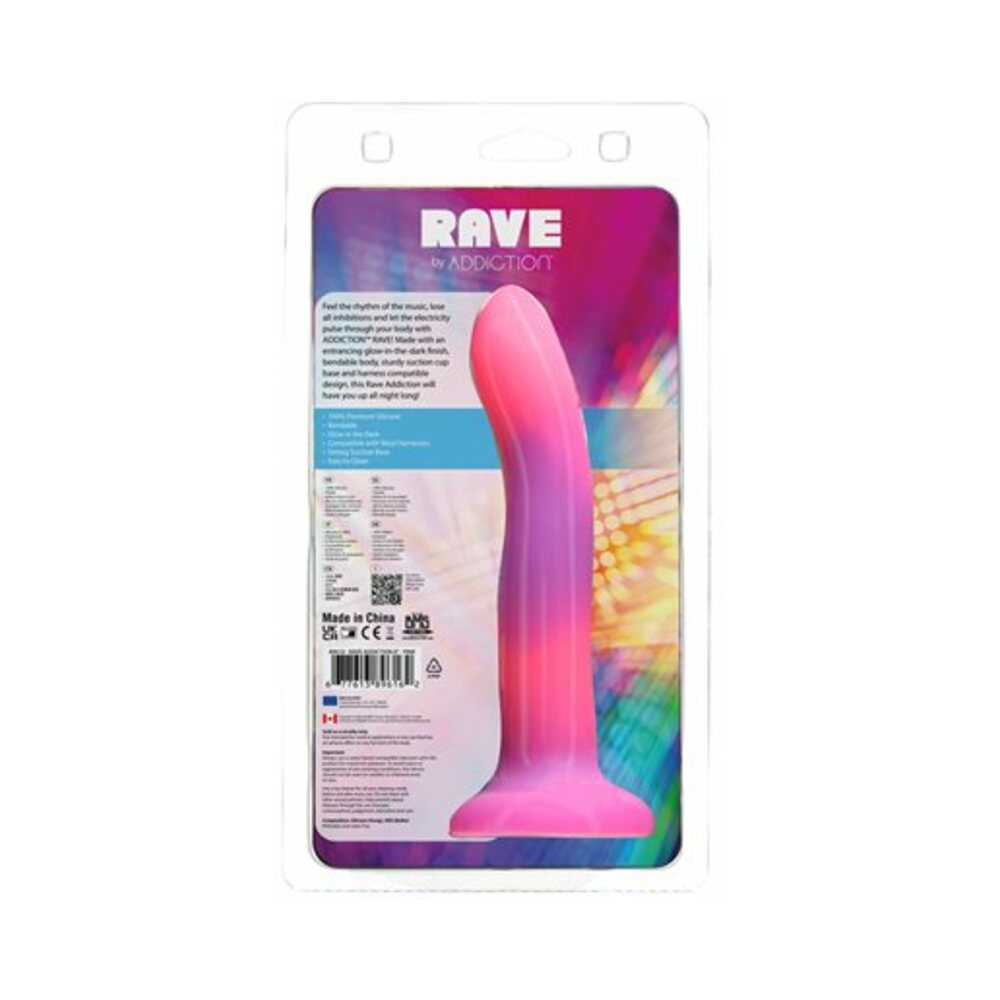 Addiction Rave Bendable 8 in. Silicone Dildo Glow in the Dark Pink Purple - Fantasies Boutique