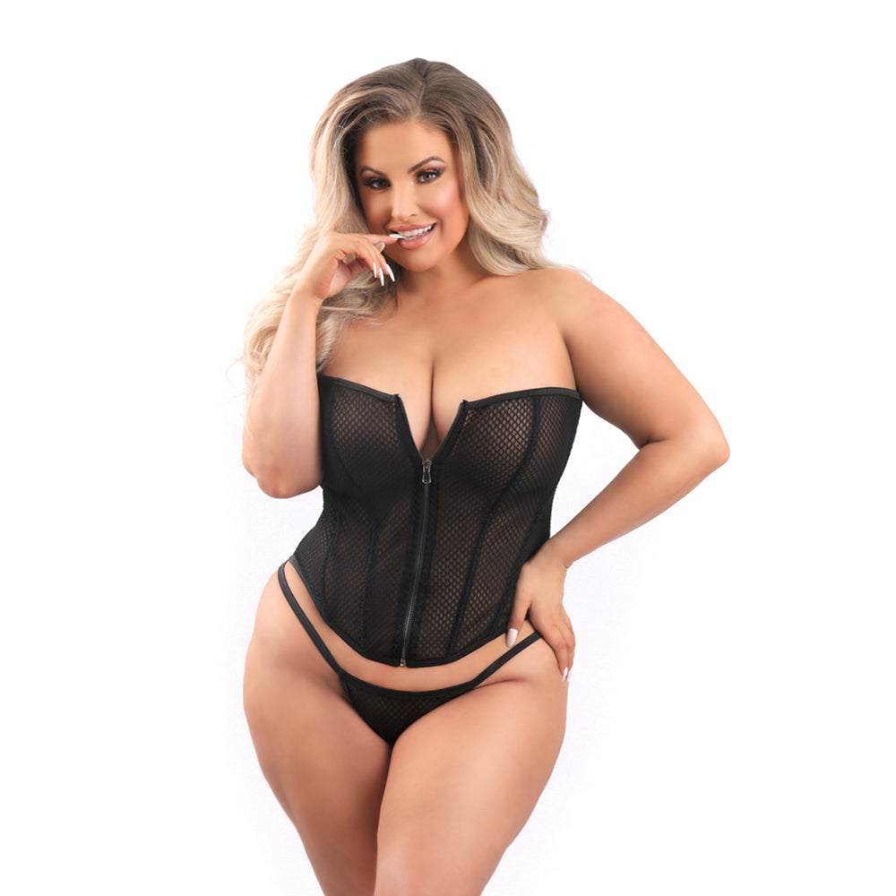 Fantasy Lingerie Mesh Corset with Zipper Front and G-String XL