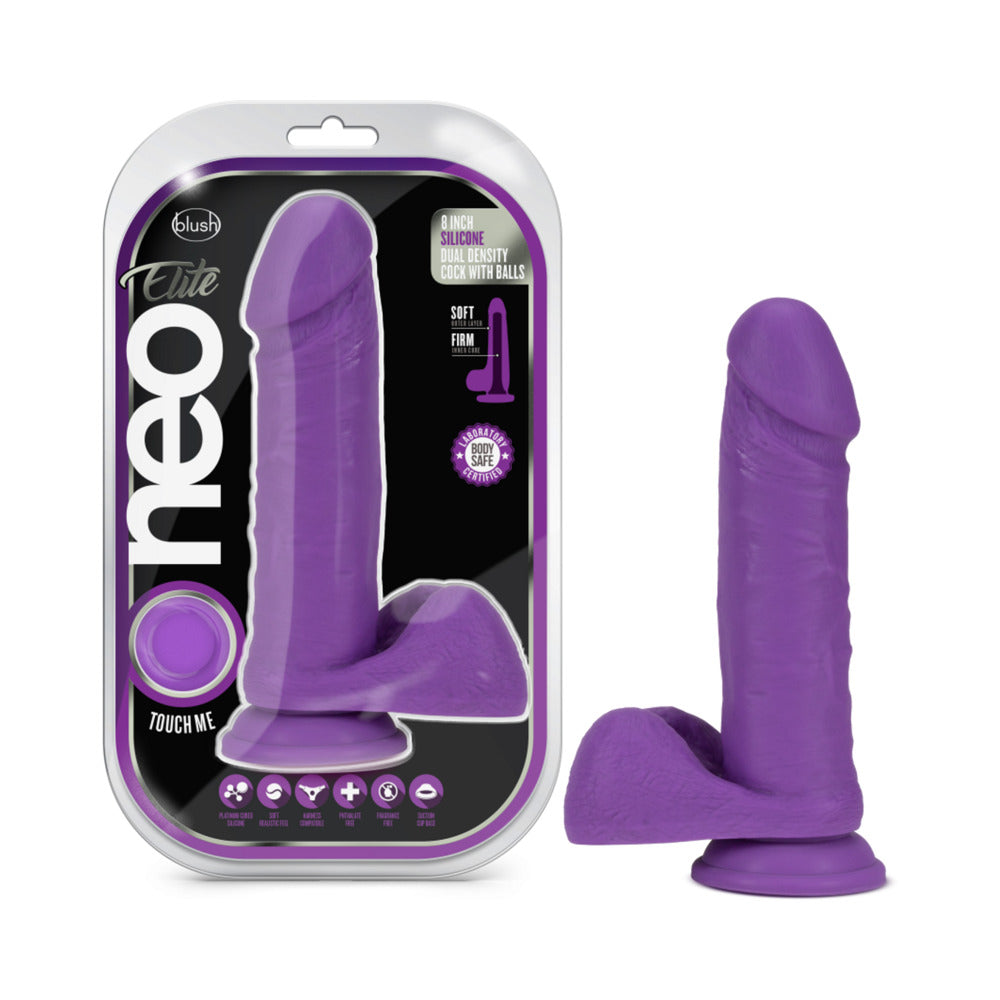 Blush Neo Elite 8 in. Silicone Dual Density Dildo With Balls & Suction Cup Neon Purple - Fantasies Boutique