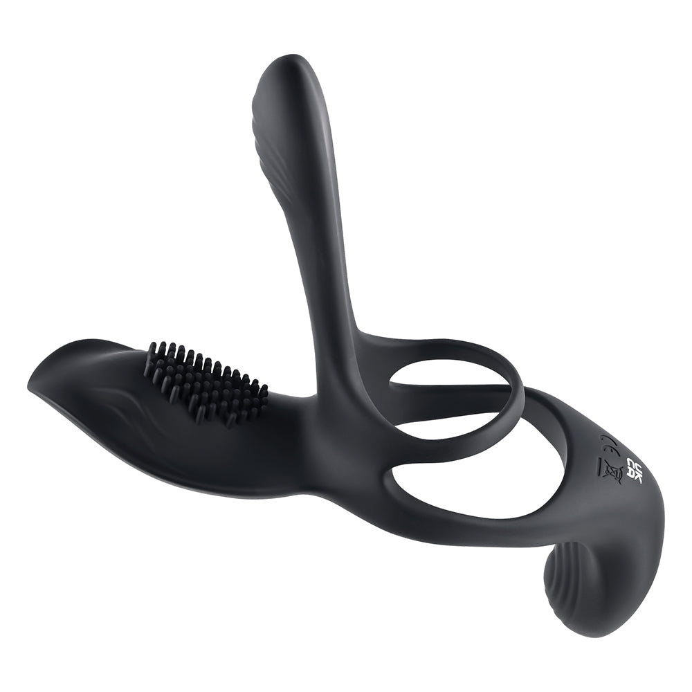 Playboy The 3 Way Rechargeable Remote Controlled Vibrating Silicone Cockring with Stimulator Black - Fantasies Boutique