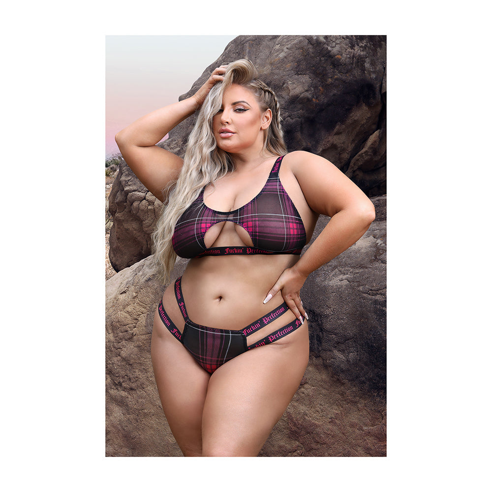 Fantasy Lingerie Vibes Fuckin' Perfection Plaid Mesh Cut Out Bralette & Panty Black Queen Size - Fantasies Boutique
