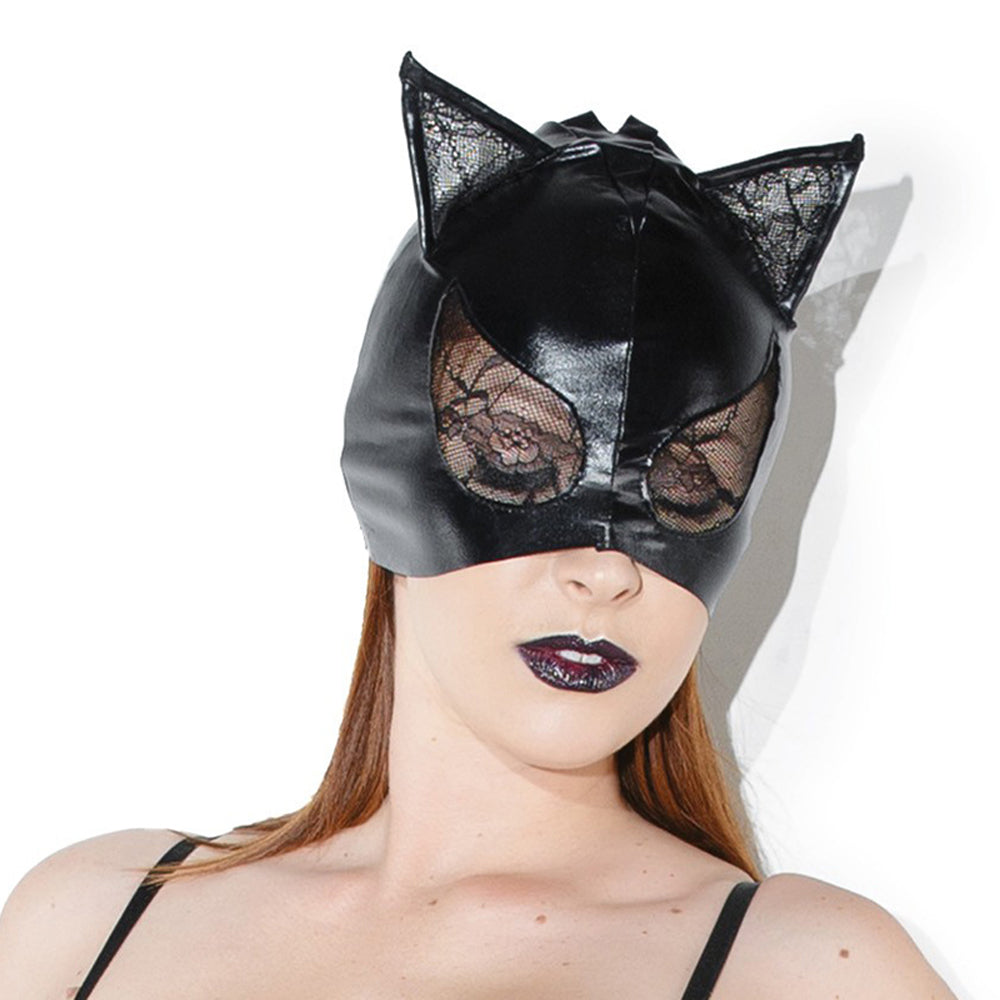 Cat Mask with Lace Eyes and Ears Black OS Hanging - Fantasies Boutique