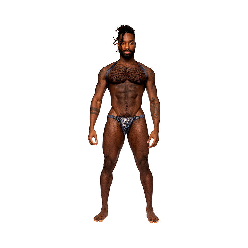 Male Power S'naked Shoulder Sling Harness Thong One-Piece Black/Blue L/XL - Fantasies Boutique