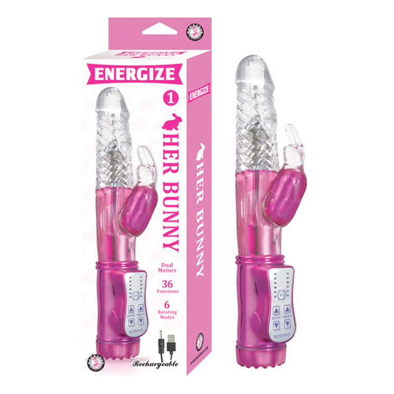 Energize Her Bunny 1 36 Function 6 Rotating Modes Dual Motor USB Rechargeable Waterproof Pink - Fantasies Boutique