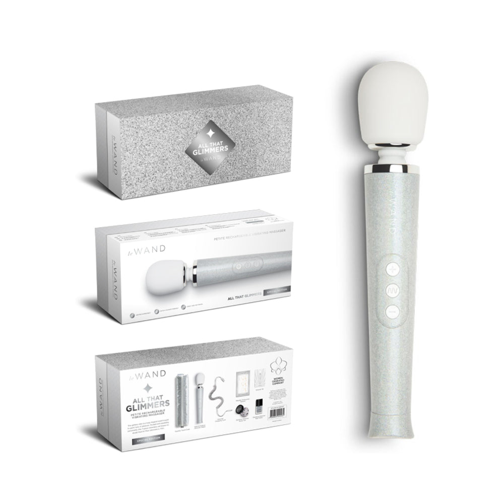 Le Wand All That Glimmers Petite Rechargeable Vibrating Massager Special Edition Set White - Fantasies Boutique