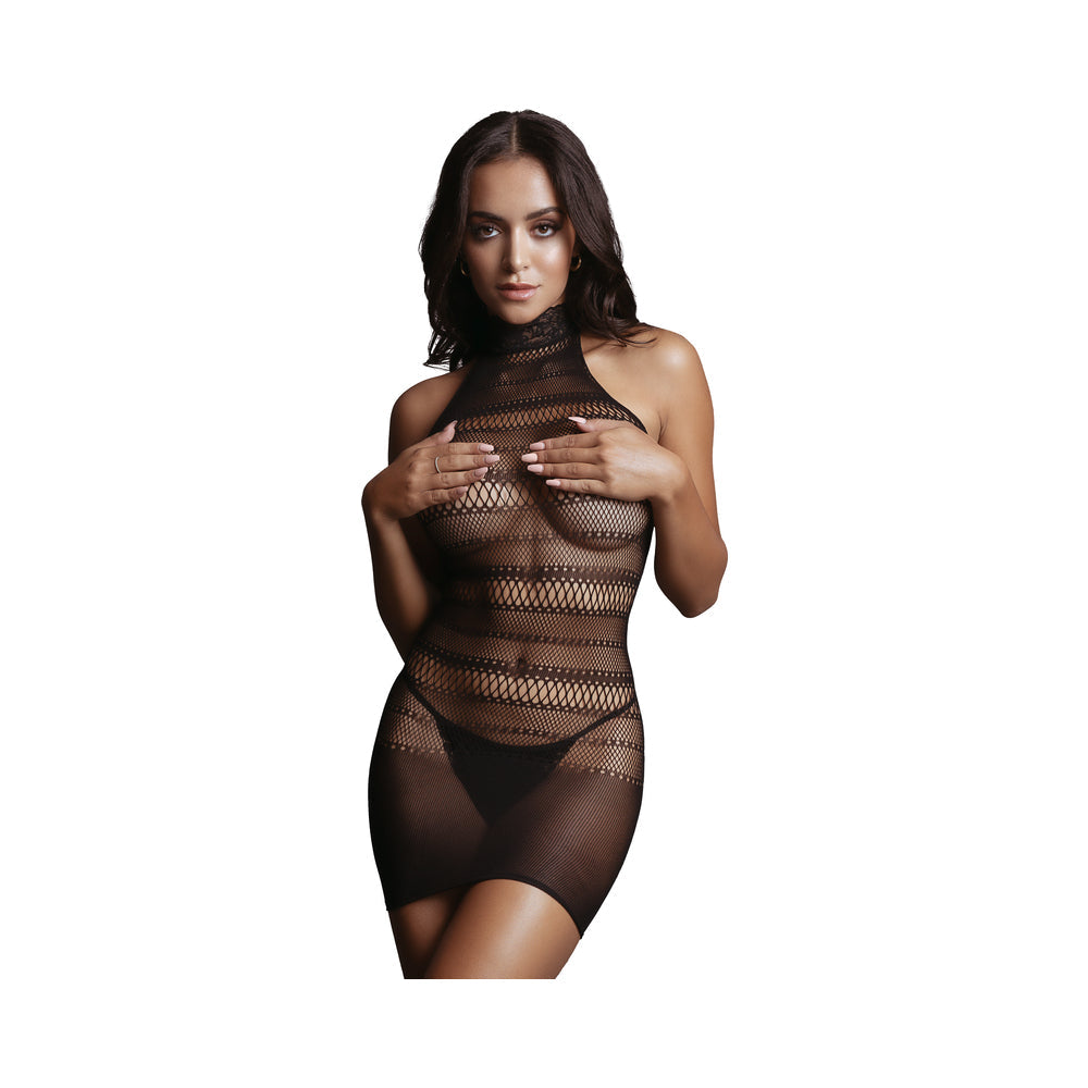 Le Desir High Lace Neck Net Mini Dress Black O/S - Fantasies Boutique