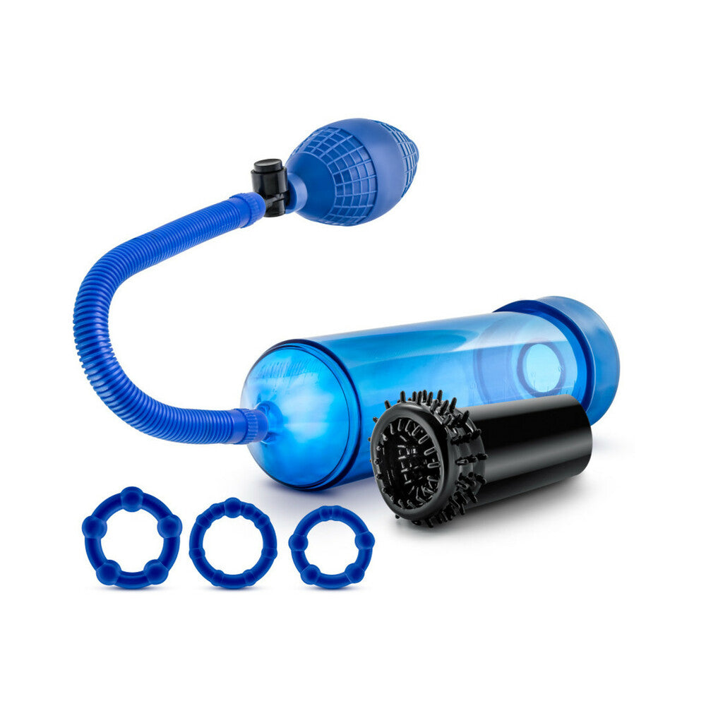 Quickie Kit Go Big Pump, Stroker & 3-Piece Cockring Set Blue - Fantasies Boutique