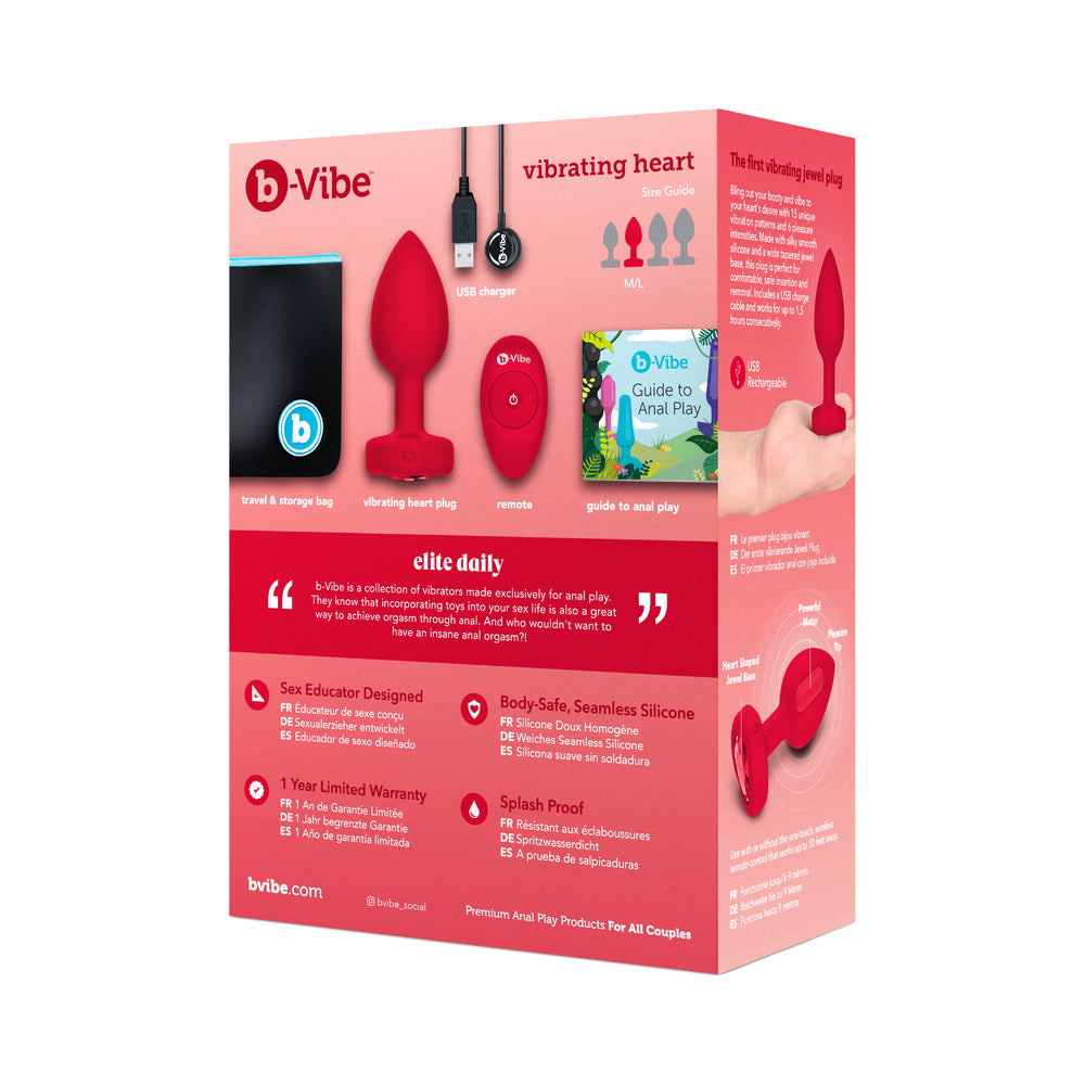 b-Vibe Vibrating Heart Anal Plug with Heart-Shaped Jewel Base M/L Red - Fantasies Boutique