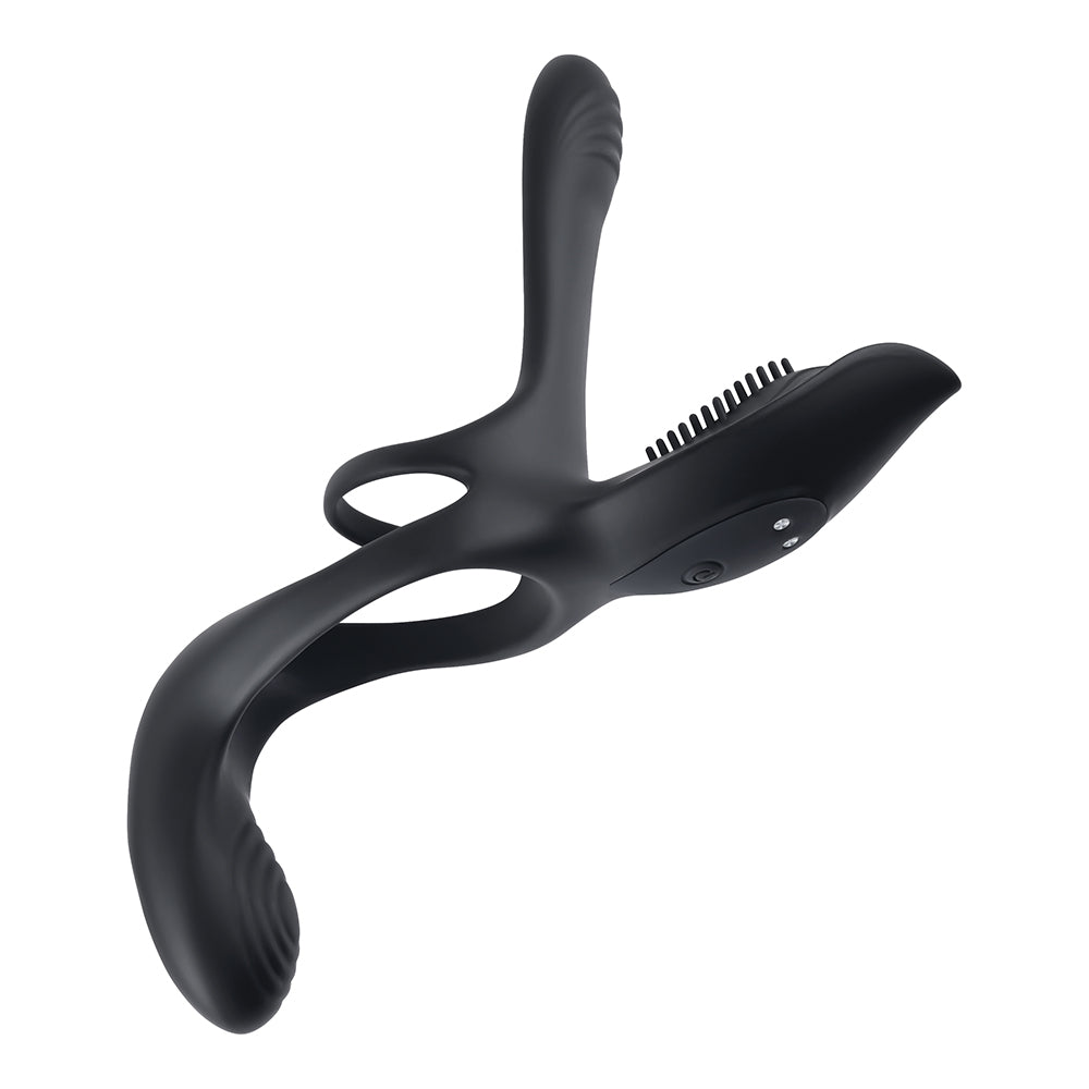 Playboy The 3 Way Rechargeable Remote Controlled Vibrating Silicone Cockring with Stimulator Black - Fantasies Boutique