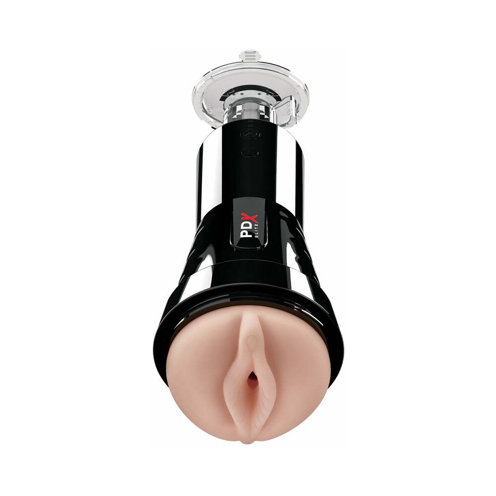 PDX Elite Cock Compressor Rechargeable Vibrating Stroker With Hands-Free Suction Cup Beige/Black - Fantasies Boutique