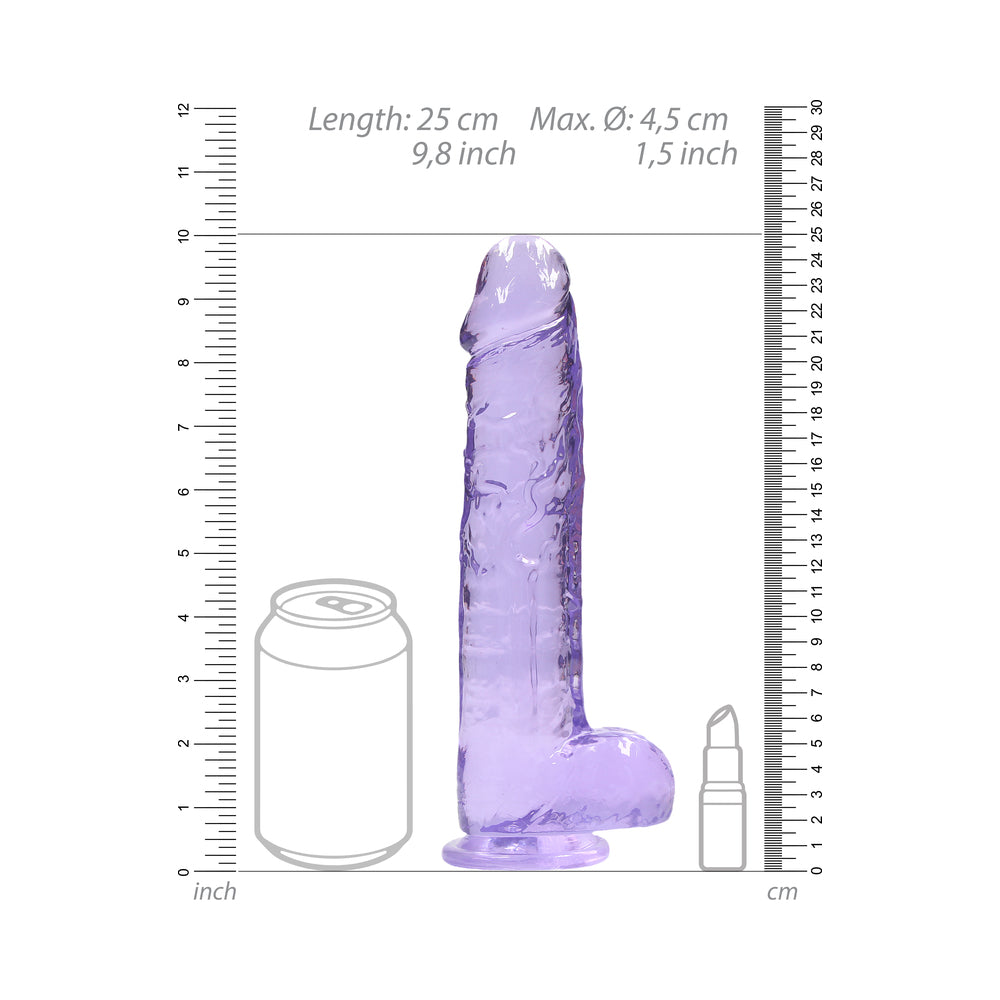 RealRock Crystal Clear Realistic 9 in. Dildo With Balls and Suction Cup Purple - Fantasies Boutique