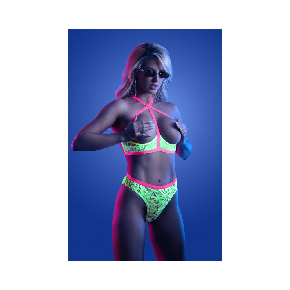 Fantasy Lingerie Glow Persuasive Open Cup Cage Bra & Panty Neon Green S/M