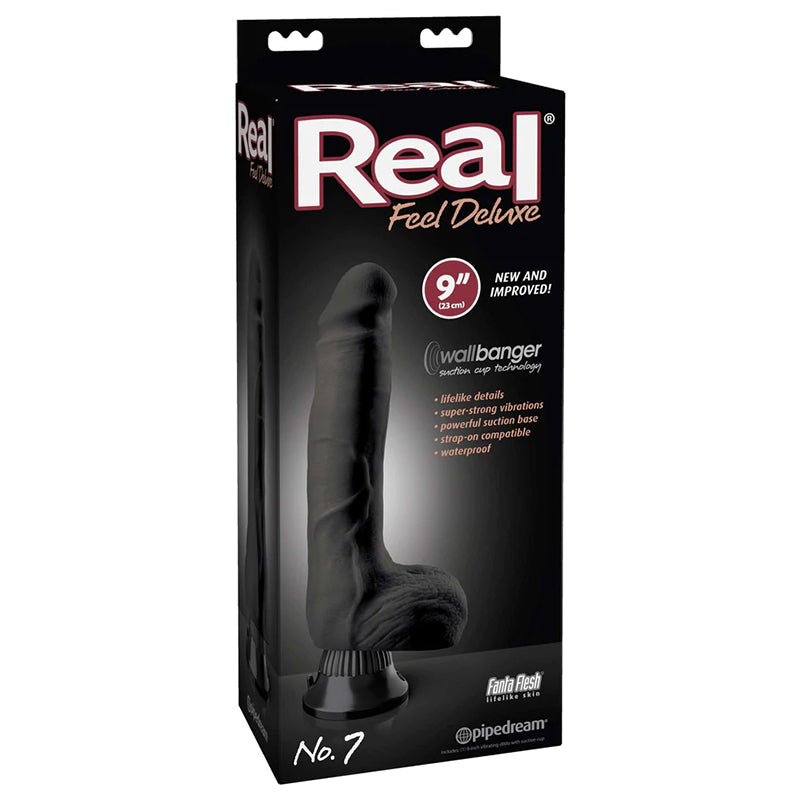 Real Feel Deluxe No. 7 Realistic 9 in. Vibrating Dildo With Balls and Suction Cup Black - Fantasies Boutique