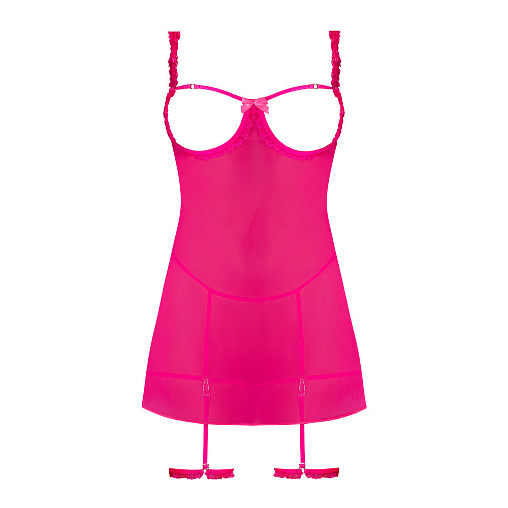 Magic Silk Pink Kink Cupless Babydoll, Harness Panty & Garter Cuffs Pink Glow L/XL