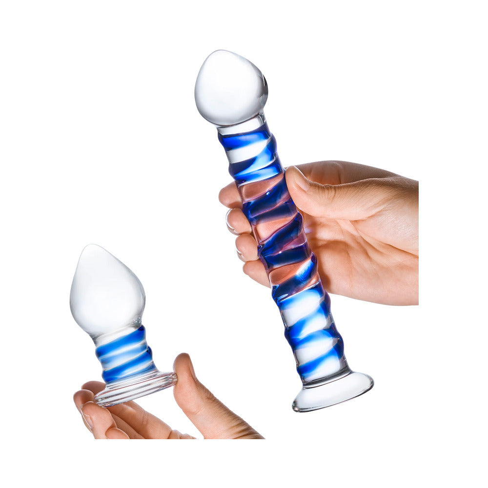 Glas 2-Piece Double Penetration Glass Swirly Dildo & Butt Plug Set - Fantasies Boutique