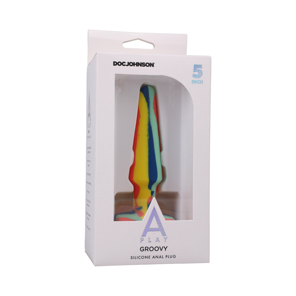 A-Play Groovy Silicone Anal Plug 5 in. Multi-Colored, Yellow - Fantasies Boutique