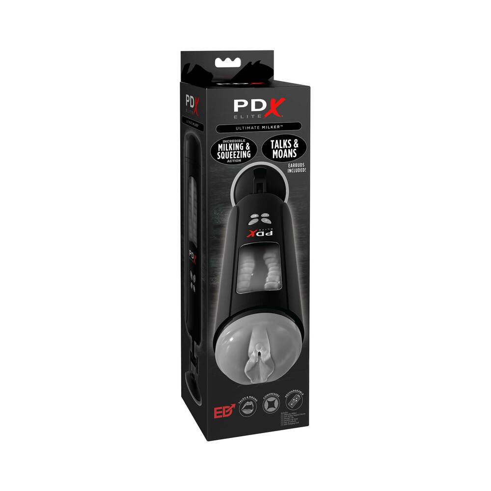 PDX Elite Ultimate Milker Gyrating Suction Stroker With Audio and Suction Cup Clear/Black - Fantasies Boutique