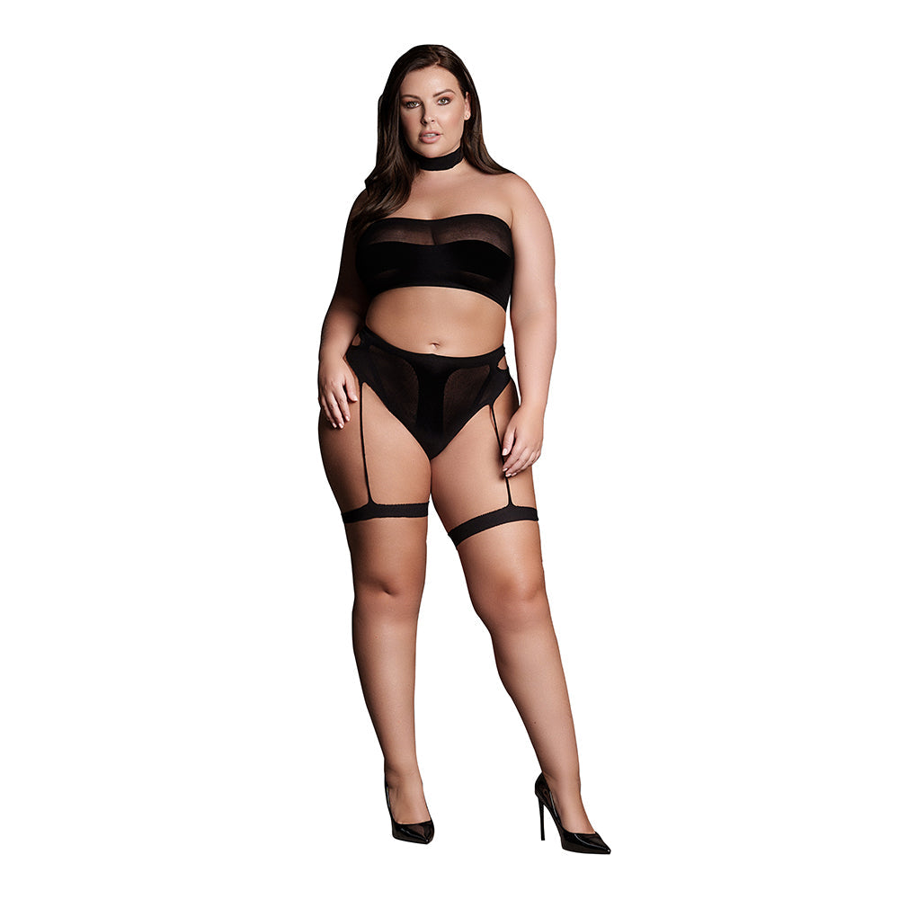 Le Desir Shade Ananke XII Choker, Bandeau Top & Panty with Garters Black Queen - Fantasies Boutique