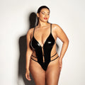 Oh La La Cheri Whipped Soft Cup Open Gusset Vinyl Teddy with Barbell Trim Queen Size - Fantasies Boutique