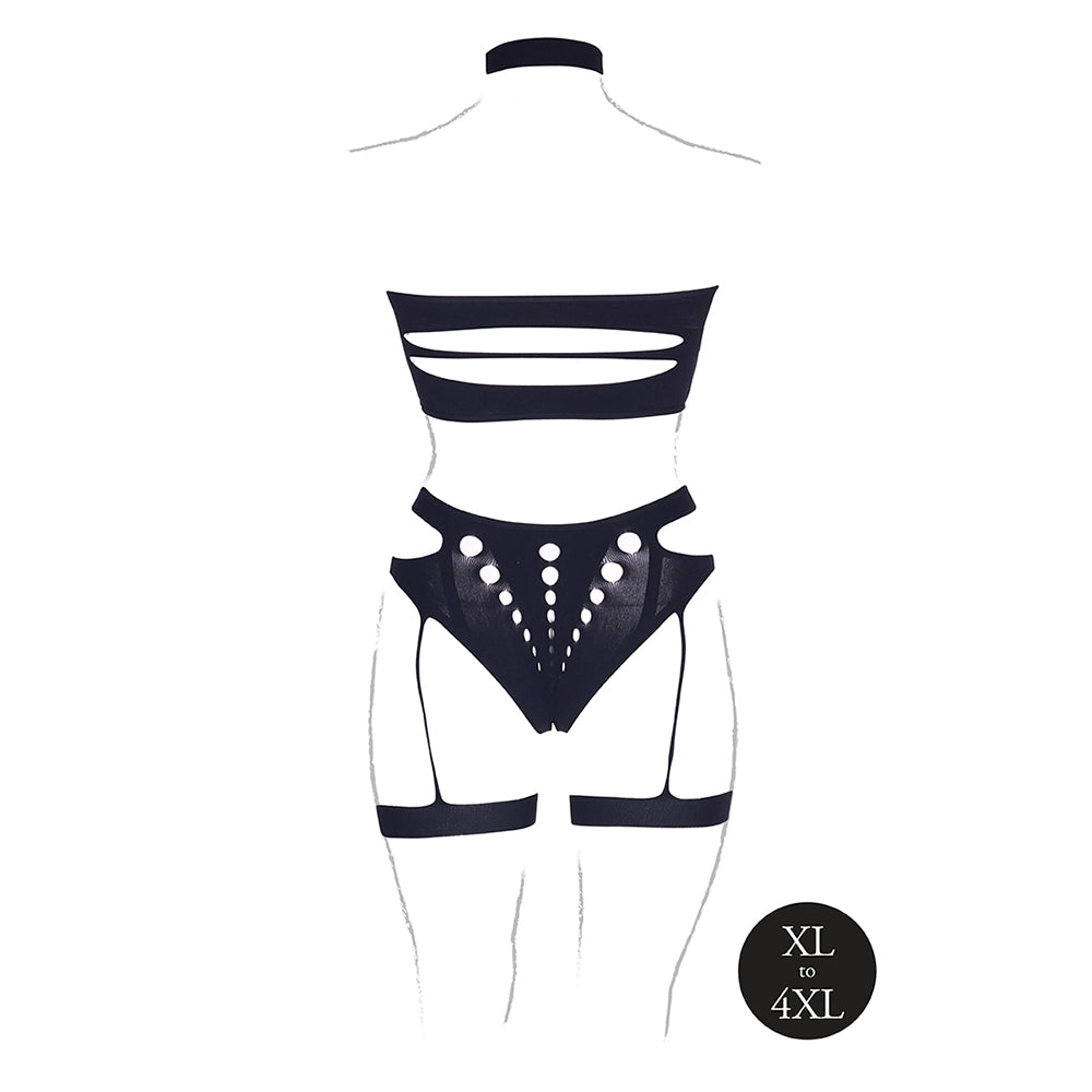 Le Desir Shade Ananke XII Choker, Bandeau Top & Panty with Garters Black Queen - Fantasies Boutique