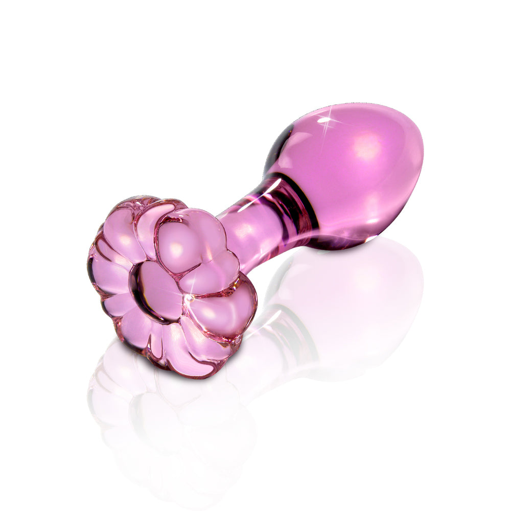 Pipedream Icicles No. 48 Glass 3.5 in. Anal Plug With Flower Base Pink - Fantasies Boutique