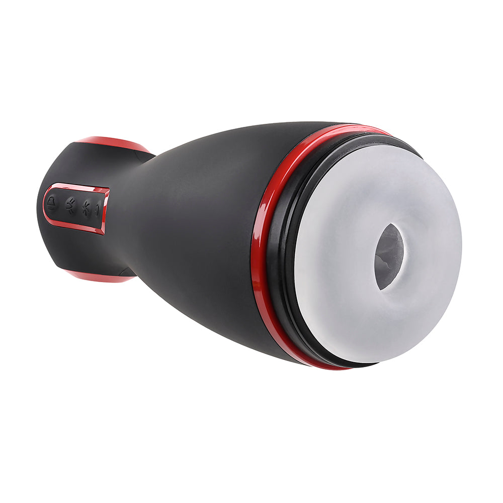 Zero Tolerance Tight Squeeze Rechargeable Vibrating Squeezing Talking Stroker TPE Black/Red - Fantasies Boutique