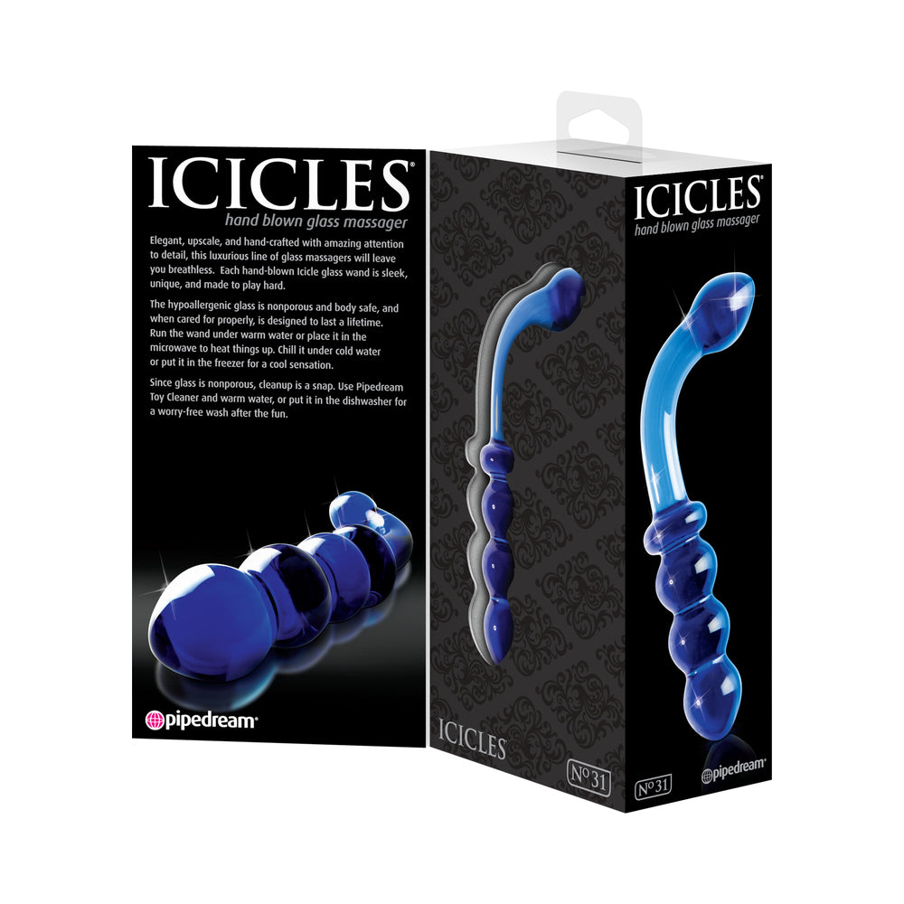 Icicles No. 31 Curved Beaded 7.25 in. Dual-Ended Glass Dildo Blue