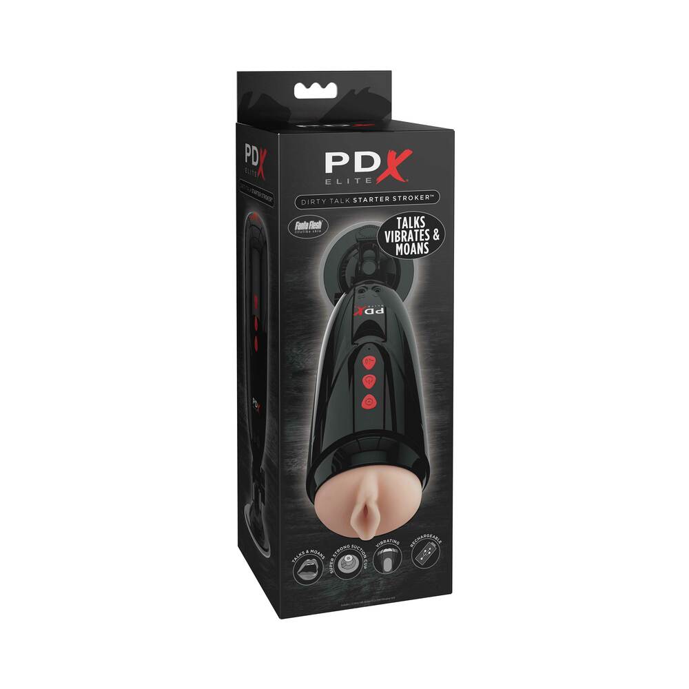 PDX Elite Dirty Talk Rechargeable Vibrating Starter Stroker With Hands-Free Suction Cup Beige/Black - Fantasies Boutique