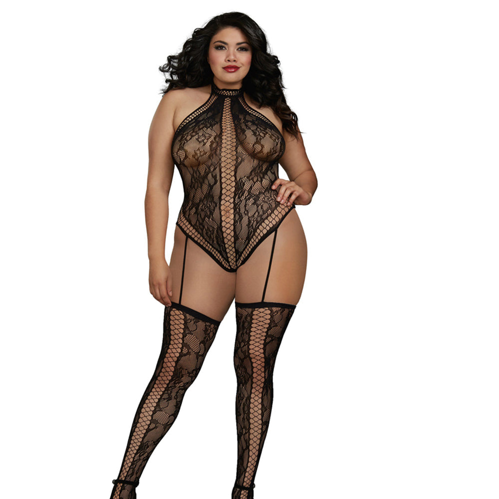 Dreamgirl Lace Teddy Bodystocking With Criss-Cross Details, Halter Neckline Black Queen - Fantasies Boutique