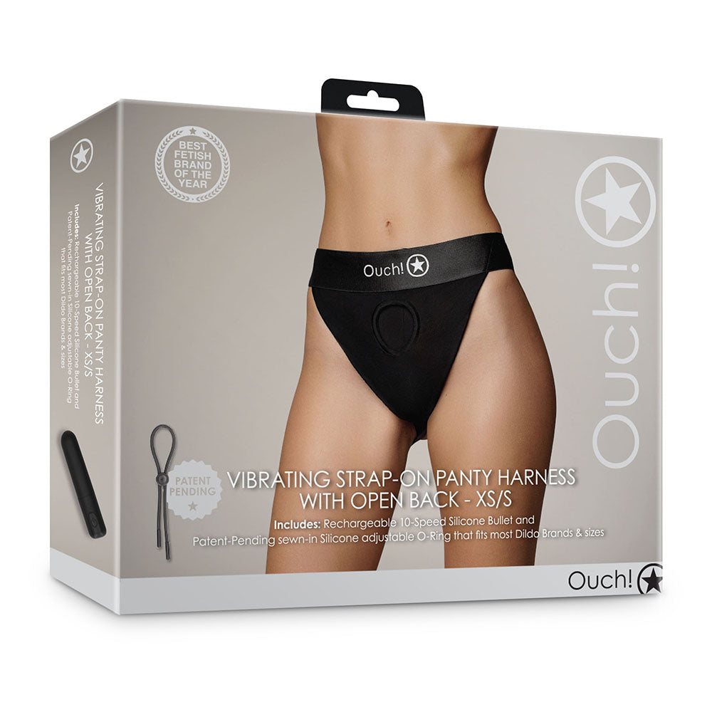 Ouch! Vibrating Strap-on Panty Harness with Open Back Black XS/S - Fantasies Boutique